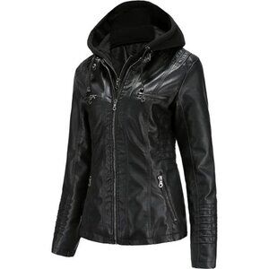 Faux Leather Jacket Women Motorcycle Coat for Biker Removable Hood Plus Size